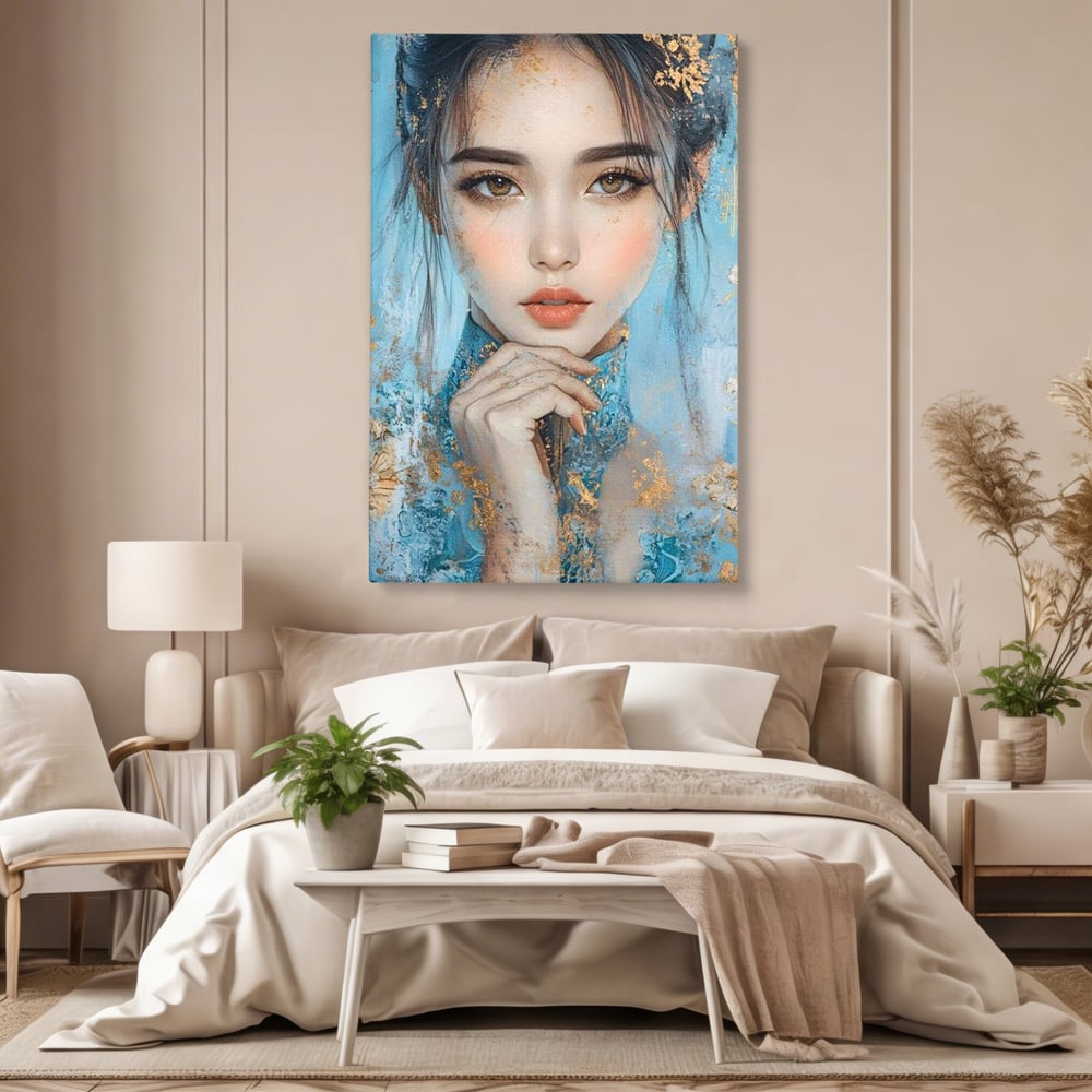Tablou canvas cu tablou canvas cu chip de femeie, fara rama, pe sasiu de lemn, pe perete intr-un dormitor